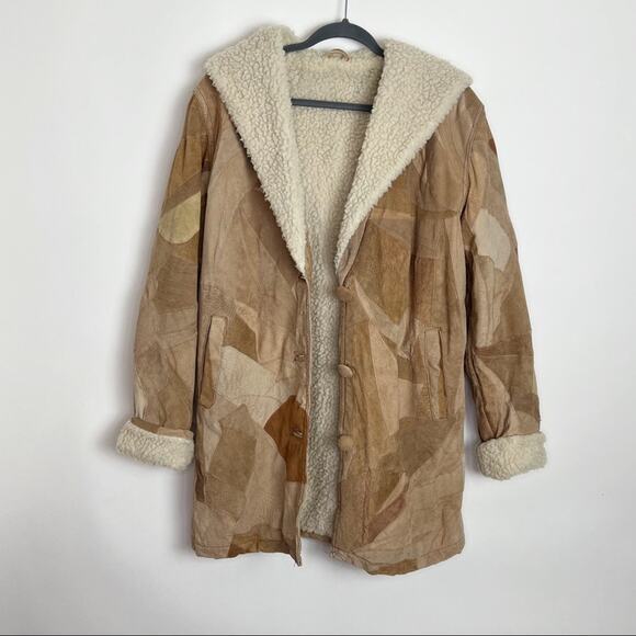 Retro Patchwork Leather Jacket Faux Sherpa Lined Medium - Picture 3 of 14